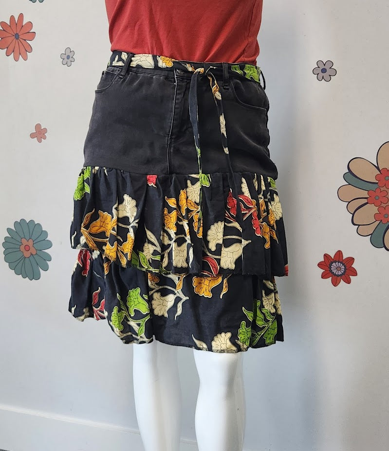 Black Denim Skirt with Multi-Colured Ruffles