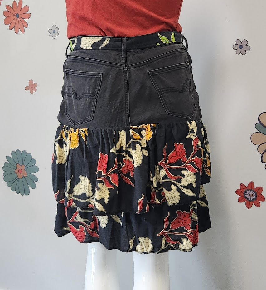 Black Denim Skirt with Multi-Colured Ruffles