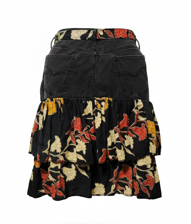 Black Denim Skirt with Multi-Colured Ruffles