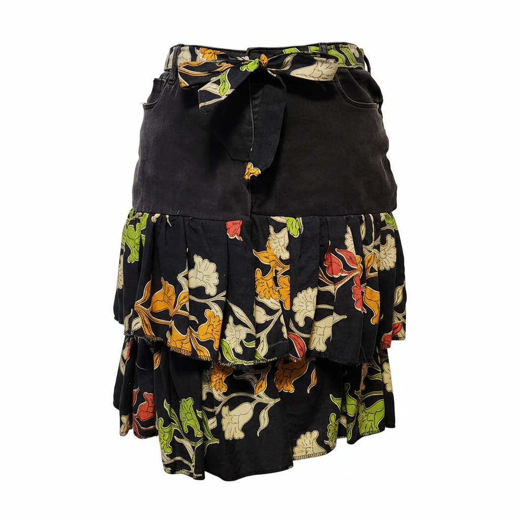 Black Denim Skirt with Multi-Colured Ruffles