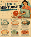 Sewing mentorship program poster with a woman at a sewing machine and step-by-step process outlined.
