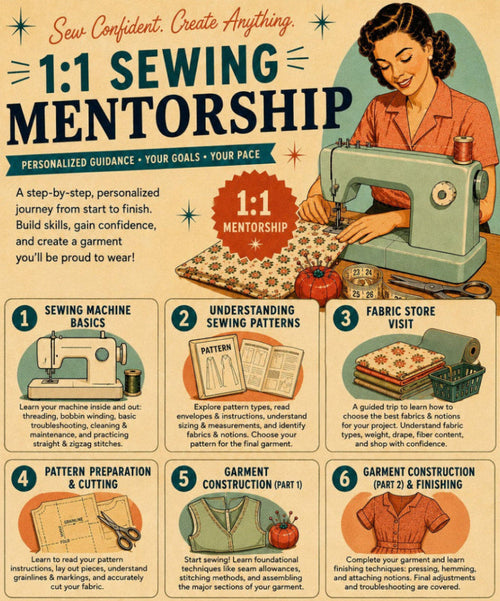 Sewing mentorship program poster with a woman at a sewing machine and step-by-step process outlined.